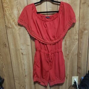 Off-the-shoulder romper Red Small Crochet Style Lace Details Bohemian